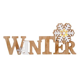 dekorativer LED beleuchteter Schriftzug Winter mit Schneeflocke Holz bemalt