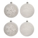 4er Set Kugelmix 8 cm weiß geeist Motiv Schneeflocke Streifen PVC Weihnachtskugeln Baumschmuck bruchfest Christbaumschmuck