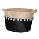 dekorativer Korb Henkelkorb mit 2 Henkeln aus Seegras in schwarz mit lustigen weißen Pompoms