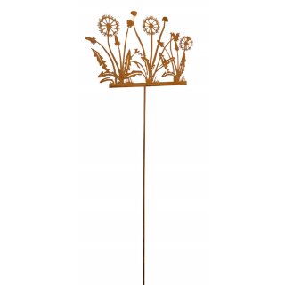 dekorativer ausgefallener Gartenstecker Motiv Löwenzahn und Pusteblume als flache Silhouette Metall rostig