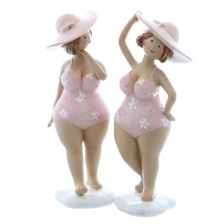 dekorative witzige Dekofigur Strandlady stehend mit Hut rosa-weiß