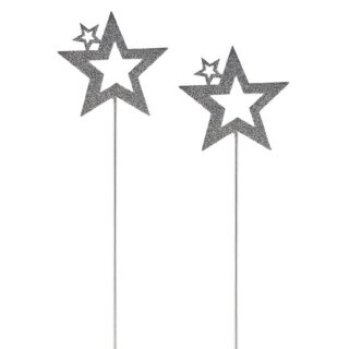 weihnachtlicher stimmungsvoller Garten-Stecker Stern am Stab Dekostern Metall mit Silberglitzer Preis für 2 Stück