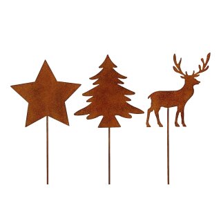 weihnachtlicher Deko-Stecker Garten-Stecker 3 Motive Stern-Hirsch-Tanne sortiert Preis für 3-er Set rostbraun