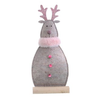 weihnachtliches putziges Deko-Rentier Deko-Hirsch als Silhouette aus braun beigem Filz mit rosa Plüschkragen und pinken Strasssteinen