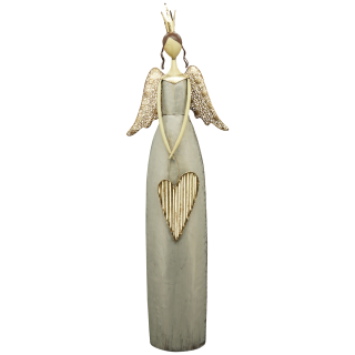 großer dekorativer stimmungsvoller Deko-Engel Metall-Engel Windlicht-Engel mit Herz creme-grau-gold