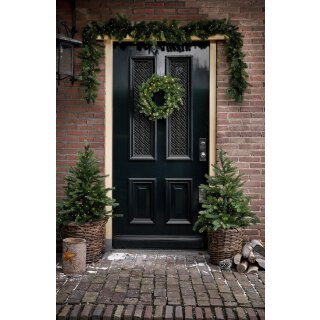 dekoratives weihnachtliches 4- er Haustürset 2 x Kunsttanne im Topf 1 x Kranz 1 x Girlande mit LED Beleuchtung warmweiß 