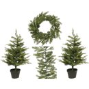 dekoratives weihnachtliches 4- er Haustürset 2 x Kunsttanne im Topf 1 x Kranz 1 x Girlande mit LED Beleuchtung warmweiß