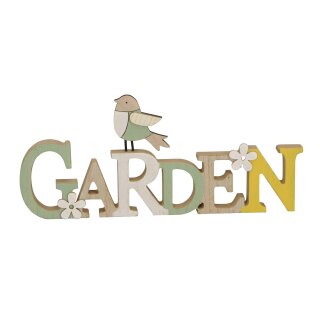 dekorativer Schriftzug Garden mit Vogel und Blümchen aus Holz in braun gelb grün weiß