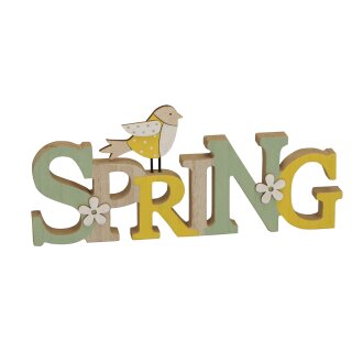 dekorativer Schriftzug Spring Frühling mit Vogel und Blume aus Holz in natur-gelb-grün