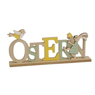 dekorativer Schriftzug Ostern mit Hase und Vögelchen als ausgefallene Osterdeko