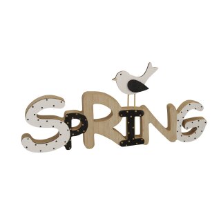 dekorativer Schriftzug Spring Frühling mit Vogel aus Holz in natur-schwarz-weiß