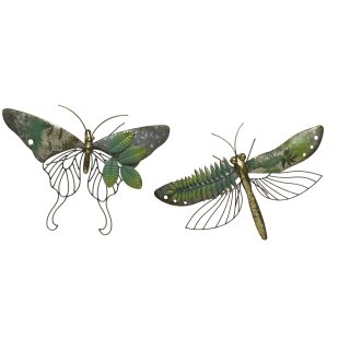 dekorative Wanddeko Wandobjekt aus Metall Schmetterling oder Libelle in dezentem grün-silber-braun