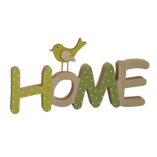 dekorativer Schriftzug HOME mit Vogel und Punkten aus Holz in beige-grün