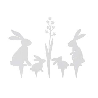 dekorativer Deko-Stecker Garten-Stecker Pick Hasen und Blümchen Metall weiß Set 5 teilig