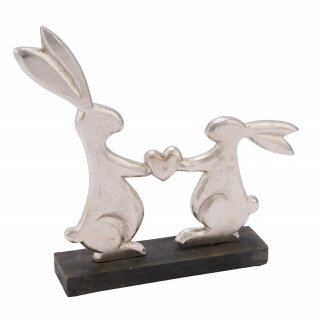 originelles nostalgisches Osterhasenpaar mit Herz als flache Silhouette aus Aluminium mit Holzsockel in verschiedenen Größen