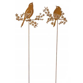 dekorativer Gartenstecker Silhouette Vogel auf Ast Metall braun rostig im 2-er Set