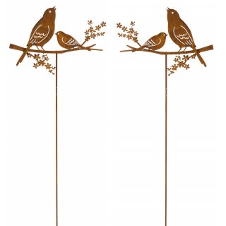 dekorativer Gartenstecker Silhouette 2 Vögel auf Ast Metall braun rostig im 2-er Set