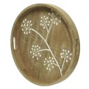 dekoratives rundes Tablett mit Griff aus Mangoholz mit floralem Muster im rustikalem Landhaus-Stil 