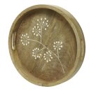 dekoratives rundes Tablett mit Griff aus Mangoholz mit floralem Muster im rustikalem Landhaus-Stil