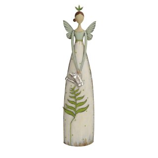 große dekorative nostalgische Dekofigur Elfe mit silberfarbiger Gießkanne und grünem Farn Metall weiß-grün von Hand bemalt