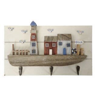 dekorative maritim gestaltete Wandplatte als 3-er Hakenleiste mit Leuchtturm und Möwen im shabby Landhausstil