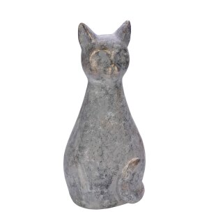 dekorative Figur sitzende Katze als Gartendeko aus wetterfestem Polyresin hellgraumeliert mit etwas Gold