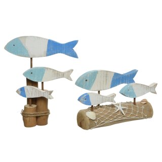 dekoratives maritimes Dekoobjekt zum stellen aus gewaschenem Treibholz blau-weiß bemalt Motiv 3 Fische mit Muscheldeko