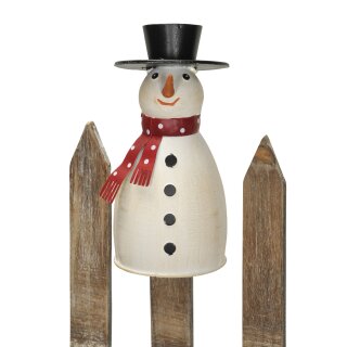 winterlicher weihnachtlicher Zaunhocker Schneemann mit Zylinder und rotem Schal Metall bemalt