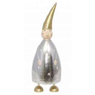 dekorative ausgefallene große Wichtelfigur Knut in silbernem Kleid mit weißen Sternchen und großer goldener Mütze aus Metall
