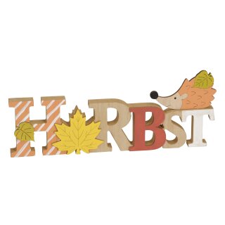 dekorativer Schriftzug Herbst mit Ahornblatt und Igel Holz bemalt