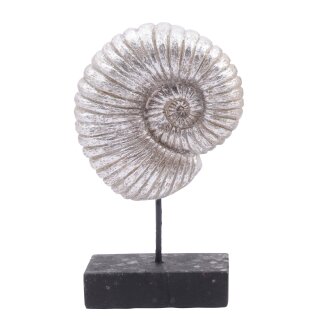 individuelles Deko-Objekt Ammonit silberfarbig auf schwarzem Holzfuß