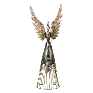 großer nostalgischer oppulenter Deko Engel mit großen Flügeln und LED Stern silber-schwarz gold kupfer antik Vintage Optik