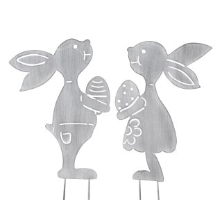 dekorativer Deko-Stecker Garten-Stecker Pick Hasejunge und Hasenmädchen mit Ei Metall hellgrau weiß  als 2-er Set