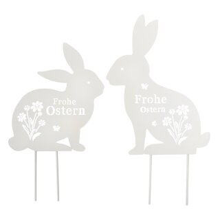 dekorativer Deko-Stecker Garten-Stecker Pick 2 x putzige Hasen mit ausgelasertem Schriftzug und Blumenmotiv Metall weiß im 2-er Set