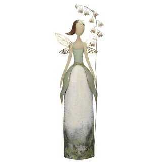 ganz große dekorative nostalgische Dekofigur Elfe mit goldenen Flügeln und Maiglöckchenzweig Metall weiß-grün von Hand bemalt