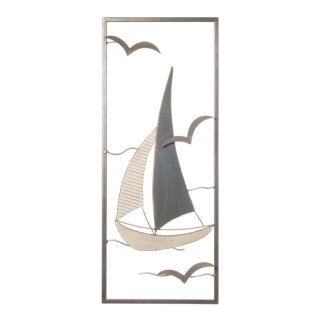 dekorative Wanddeko maritimes Wandobjekt aus Metall Motiv Segelboot grau-weiß-blau shabby Optik