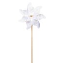 dekoratives kleines Windrad Windmühle auf Stab PVC weiß-transparent mit stilisiertem Blütenmuster