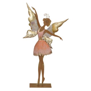 große dekorative nostalgische Dekofigur tanzende Elfe mit Schmetterlingsflügeln als flache Silhouette Metall rostbraun rosa-orange gold von Hand bemalt