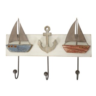 dekorative maritim gestaltete Wandplatte als 3-er Hakenleiste mit 2 Segelbooten und Anker im shabby Landhausstil
