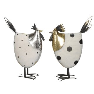 dekorative Dekofigur Huhn oder Hahn Metall weiß schwarz mit silber oder gold shabby Optik 2 Motive zur Auswahl
