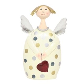 dekorativer Engel Lotta in creme mit weinrotem Herzchen und silbernen Flügeln Metall handbemalt