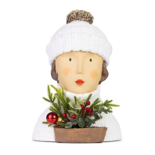 Ladykopf Dekokopf Dekobüste Dame mit weißer Pudelmütze und Weihnachtsgesteck