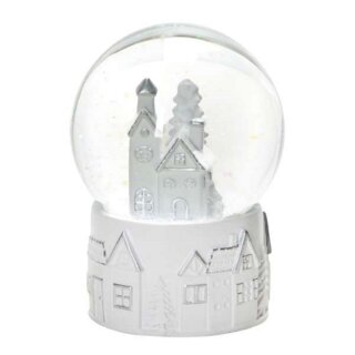 dekorative nostalgische Schneekugel mit weiß - silbernen Häuschen und Glitzerschnee