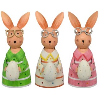 Zaunhocker Hase mit Brille und Ei Metall bemalt verschiedene Farben grün weiß pink