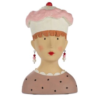 Ladykopf Dekokopf Dekobüste Dame mit rosa Muffin als Hut und weiß rosa pinken Kugelohrringen