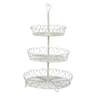 dekorative nostalgische Deko Etagere Korbetagere 3-stöckig rund mit Herzmotiv aus Metalldraht shabby weiß in vintage Optik