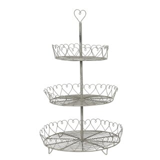 dekorative nostalgische Deko Etagere Korbetagere 3-stöckig rund mit Herzmotiv aus Metalldraht shabby hellgrau in vintage Optik