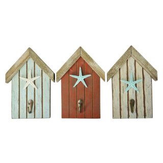 dekorative maritime Wandhaken als 3-er Set einzelne Strandhäuschen in creme rotbraun und mint mit Seesterndeko und je 1 Haken im shabby Landhausstil