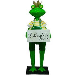 Dekofigur Dekofrosch Gartenfigur Frosch mit goldener Krone und Schild LIEBLINGSPLATZ