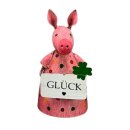 lustiger Zaunhocker Schwein Schweinchen Glücksschwein rosa mit Punkten und Glückskleeblatt oder Schild GLÜCK aus Metall bemalt